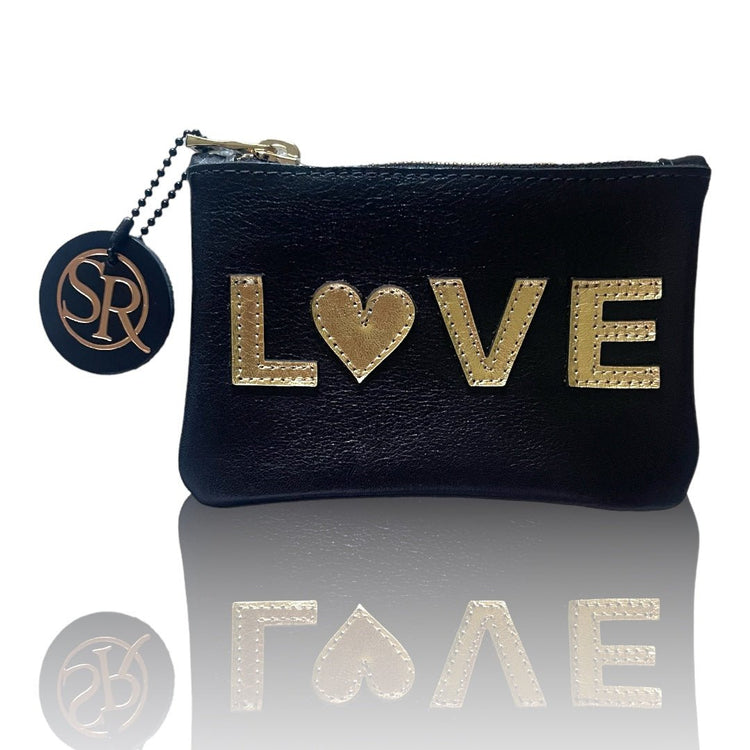 Black leather coin purse with 'L❤️VE' appliqué — Seam Reap Bags handmade in California