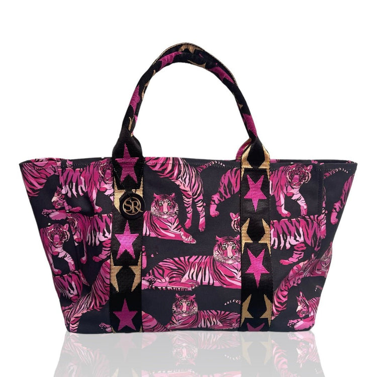 Tiger print canvas tote from Roxy Collection with large interior pocket — Seam Reap Bags handmade in California