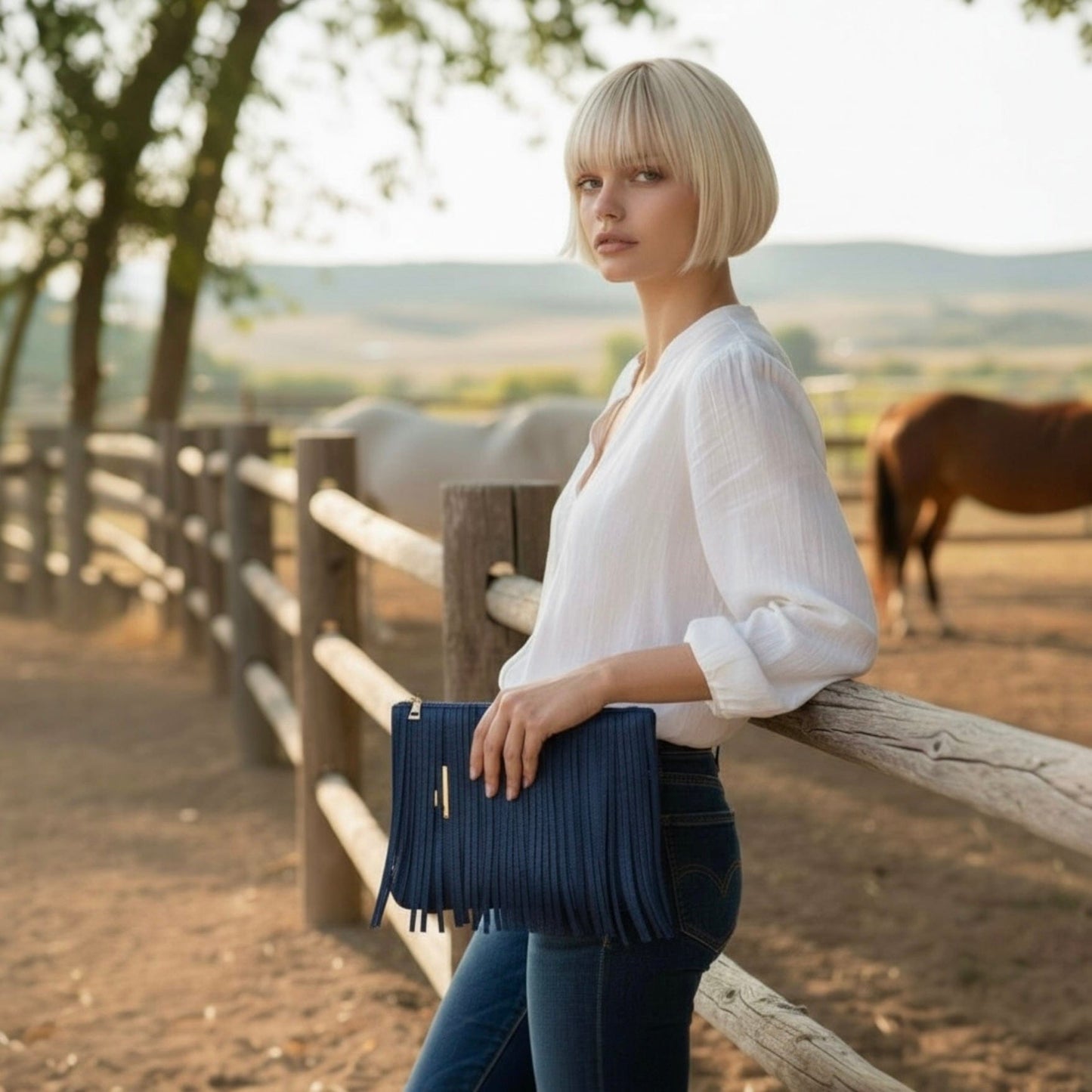 Fringe Medium Clutch - Blue with Star