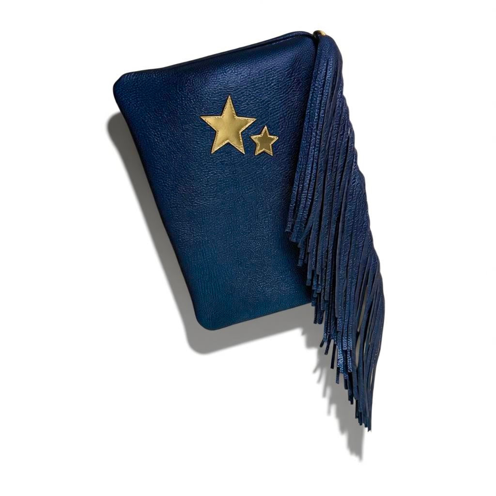 Fringe Large Clutch - Metallic Blue with Gold Stars