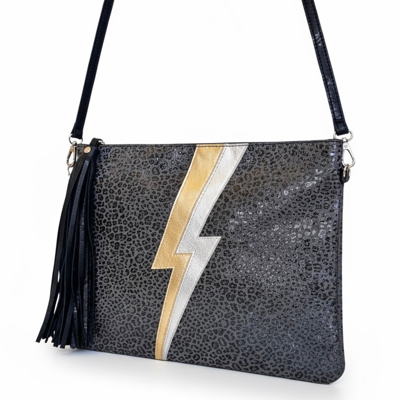 Lennox Clutch - Grey with Gold & Silver Bolt