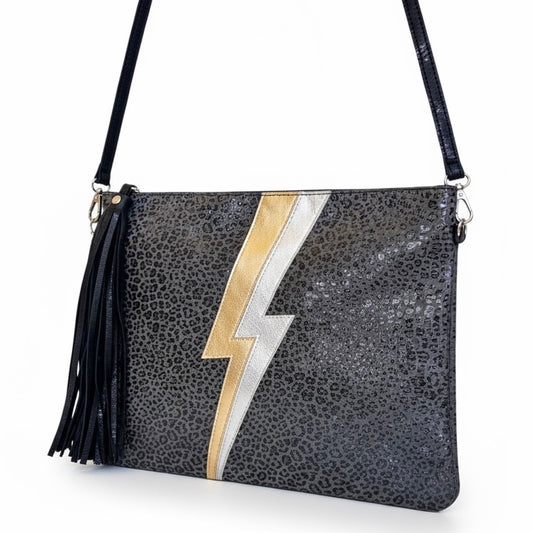 Lennox Clutch - Grey with Gold & Silver Bolt