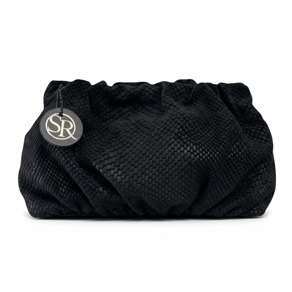 Babooshka Clutch - Black Embossed Suede | Seam Reap Bags