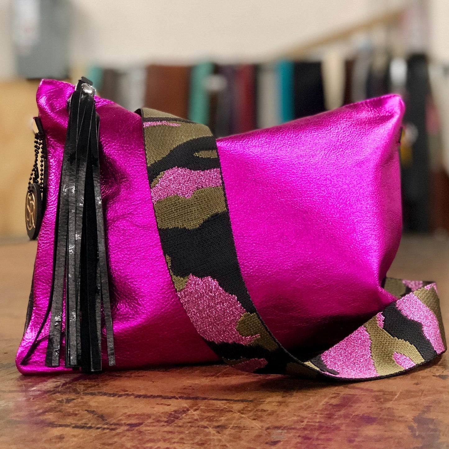 Pink & Green Metallic Camo Bag Strap | Seam Reap - Luxury Handmade Leather Handbags, Purses & Totes