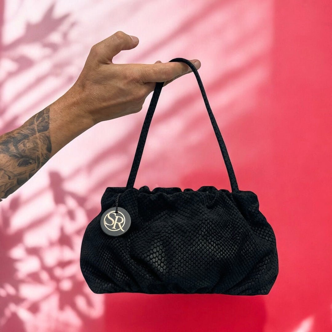 The “Babooshka” Clutch Black Embossed Suede | Seam Reap - Luxury Handmade Leather Handbags, Purses & Totes