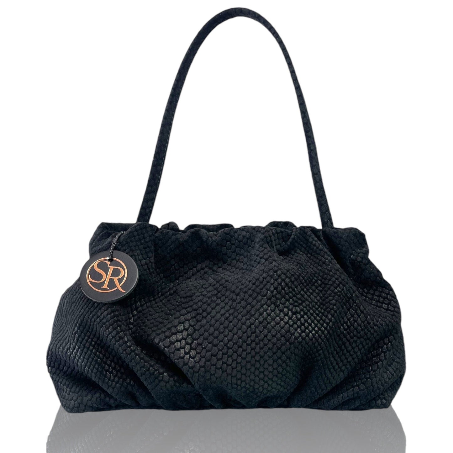The “Babooshka” Clutch Black Embossed Suede | Seam Reap - Luxury Handmade Leather Handbags, Purses & Totes