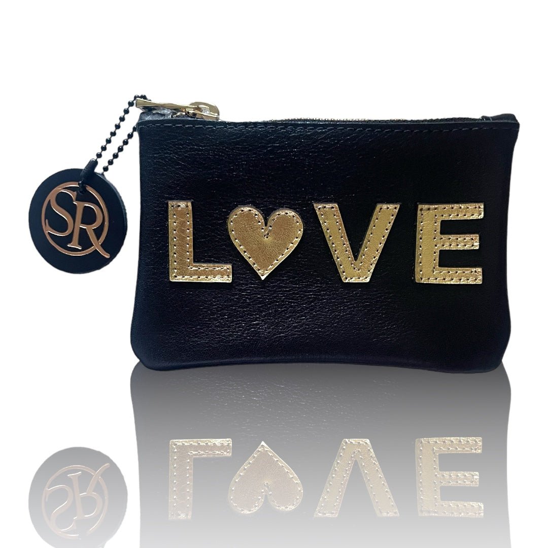 Black leather coin purse with 'L❤️VE' appliqué — Seam Reap Bags handmade in California
