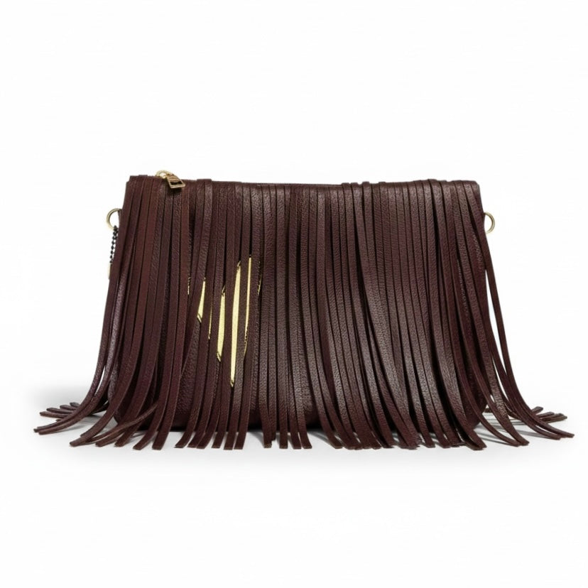 Fringe Large Clutch - Brown with Gold Heart
