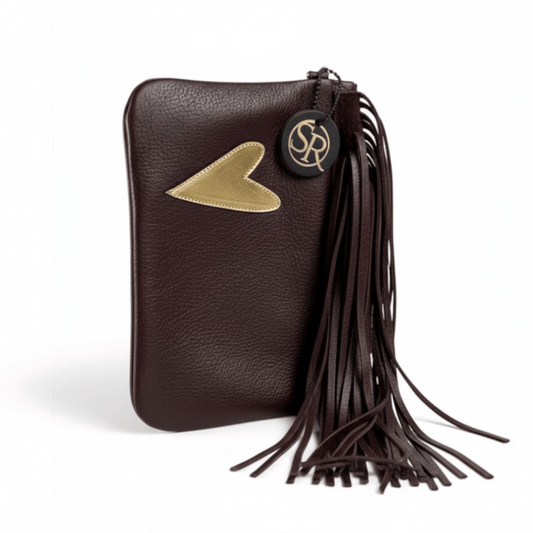 Fringe Medium Clutch - Brown with Gold Heart