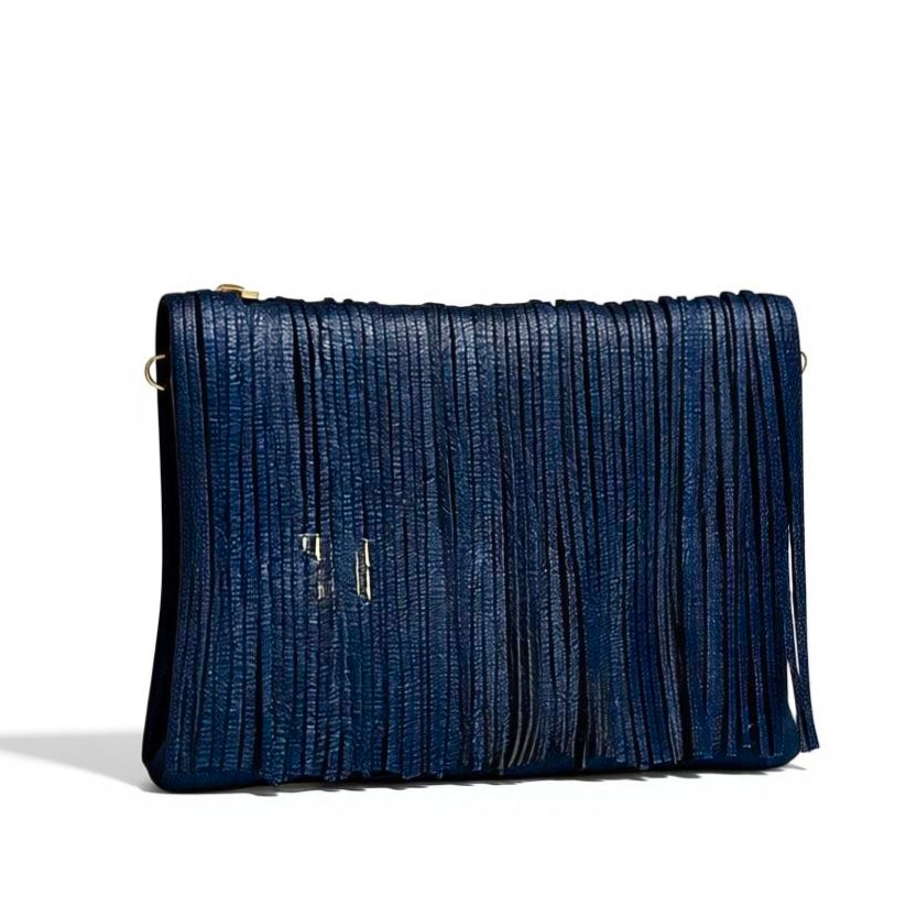 Fringe Large Clutch - Metallic Blue with Gold Stars