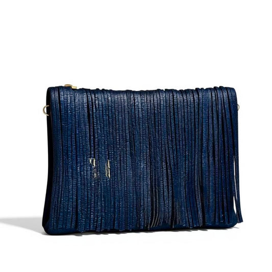 Fringe Large Clutch - Metallic Blue with Gold Stars