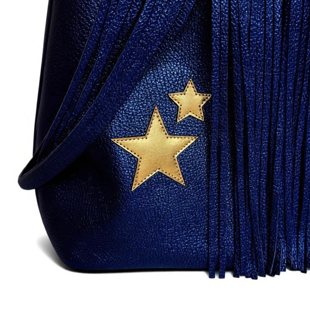 Fringe Large Clutch - Metallic Blue with Gold Stars