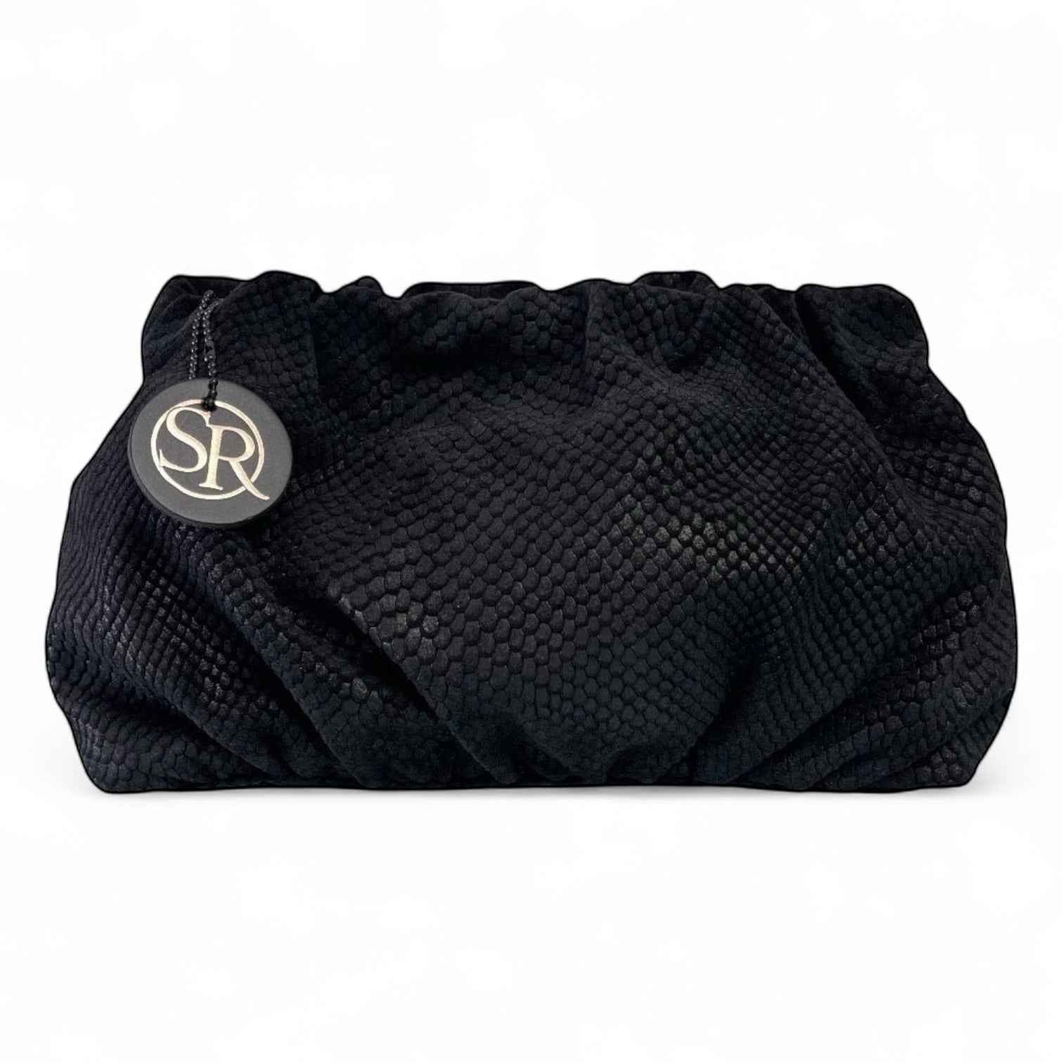 Babooshka Clutch Black Embossed Suede | Seam Reap Bags