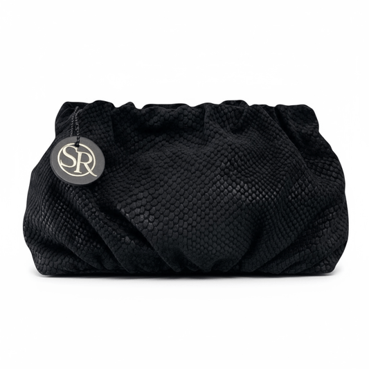 Babooshka Clutch - Black Embossed Suede | Seam Reap Bags