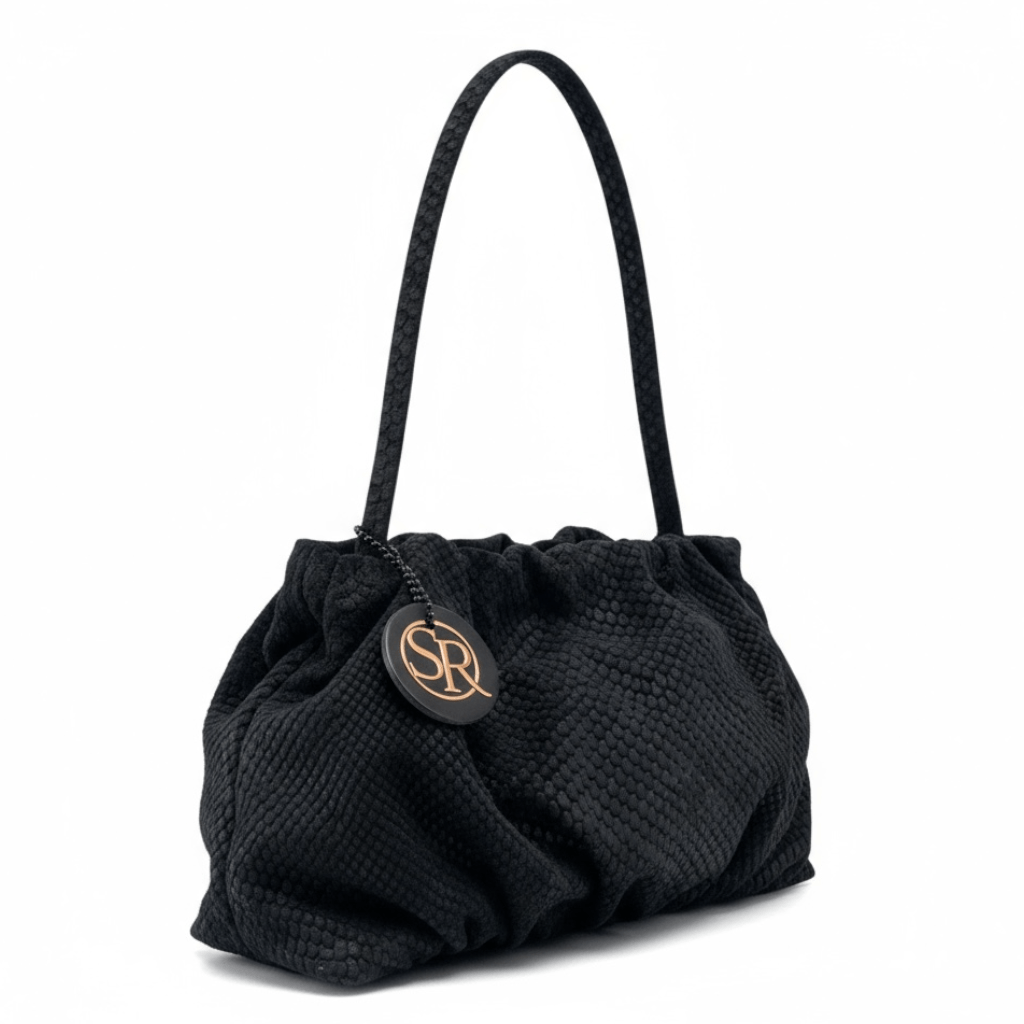 Babooshka Clutch - Black Embossed Suede | Seam Reap Bags