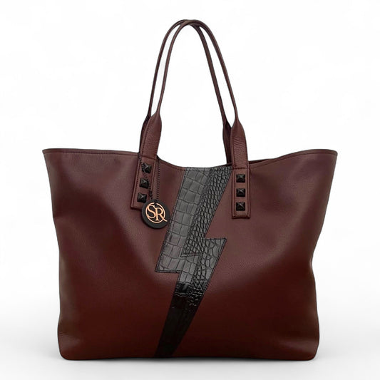 Chocolate with Black Bolt “Mazzy” Tote | Seam Reap Bags