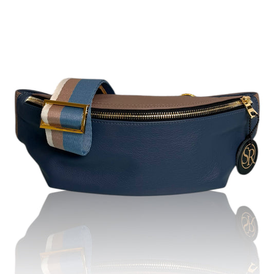 The “Jett” Bumbag Mocha/Blue Color block | Seam Reap - Luxury Handmade Leather Handbags, Purses & Totes
