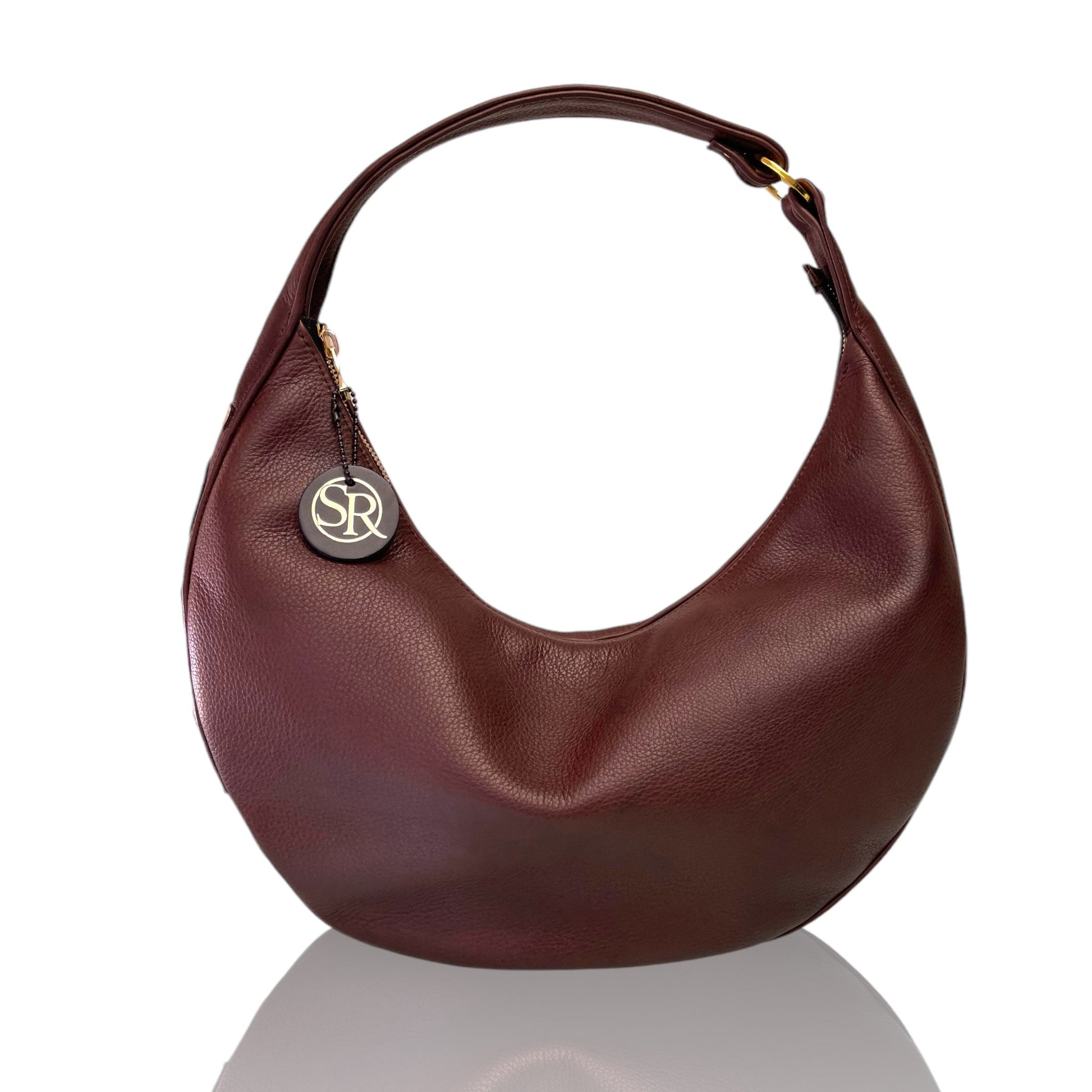 "Ramones shoulder bag in chocolate leather with gold LOVE appliqué – Seam Reap Bags