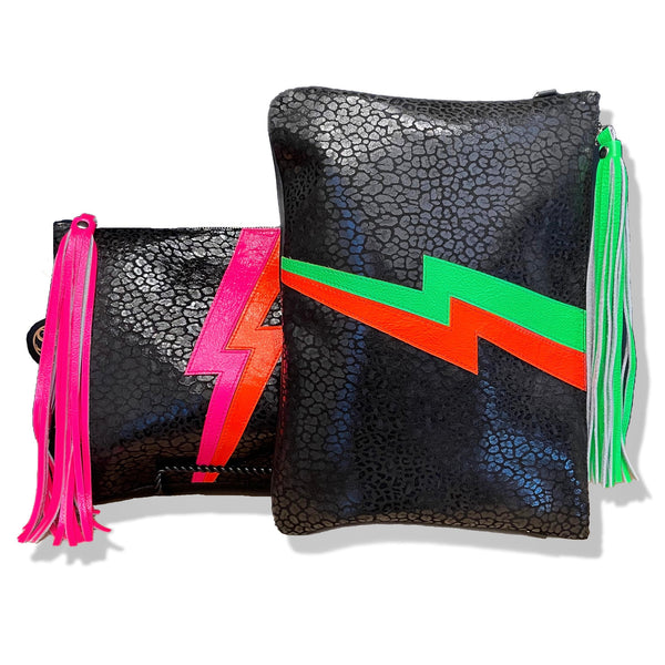 Neon “Ziggy” Large Clutch Orange and Green | Seam Reap - Luxury Handmade Leather Handbags, Purses & Totes