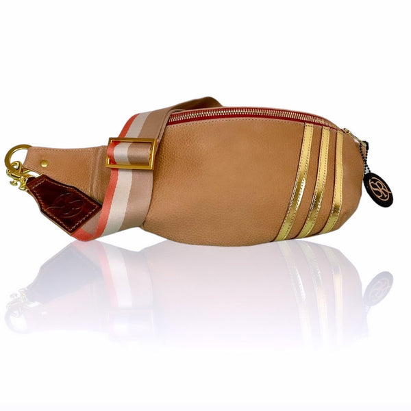 The “Jett” Bum Bag Tan/Gold Stripe | Seam Reap - Luxury Handmade Leather Handbags, Purses & Totes