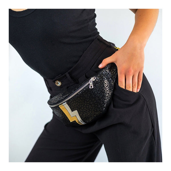 The “Jett” Bumbag Black/Gold Stripe | Seam Reap - Luxury Handmade Leather Handbags, Purses & Totes